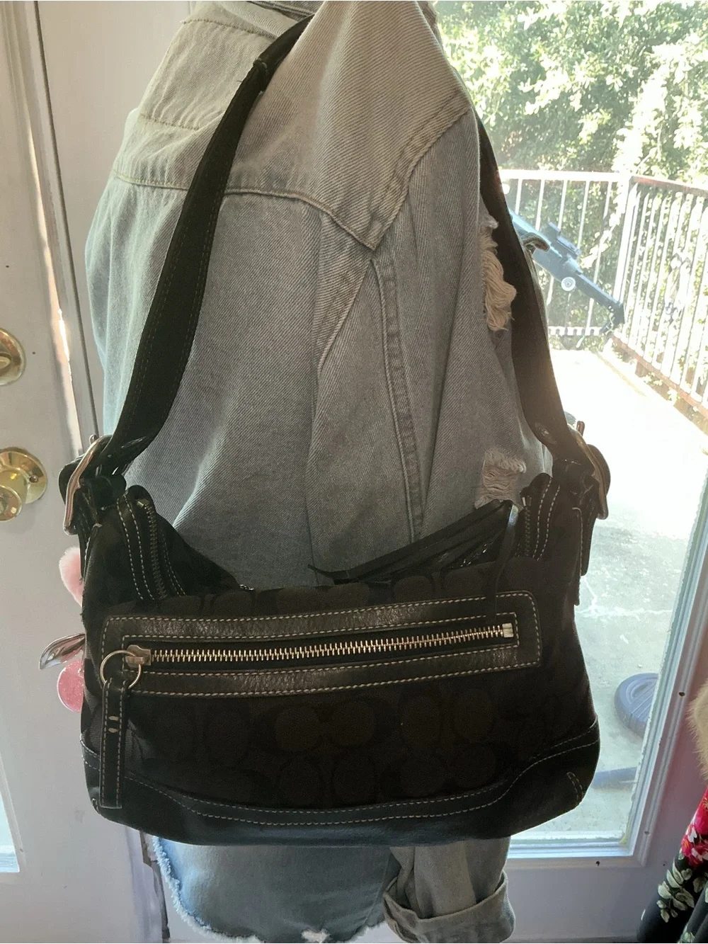 Coach Black Canvas Shoulder Bag with Gold Chain and Pink Accents